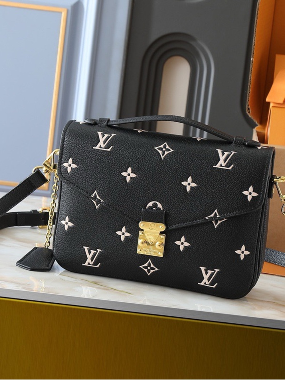 Louis Vuitton Black Satchel with Cream Monogram and Gold Hardware Accents